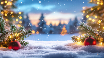 Christmas greeting card. Festive decoration on bokeh background. New Year concept. Copy space.