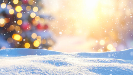 Christmas background with snow and christmas tree on bokeh background