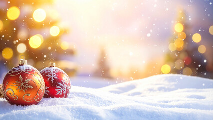 Christmas decoration on snow with bokeh background. Christmas greeting card.