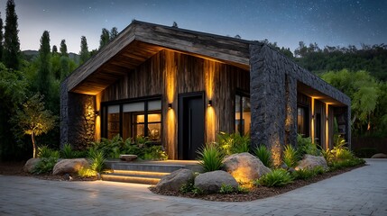Contemporary house exterior with parking lot and pool, vertical wood plank siding, garden lighting, under a clear, starry sky.