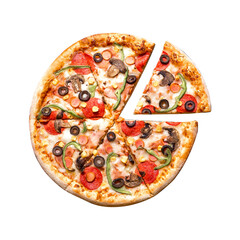 Delicious vegetarian pizza with champignon mushrooms, tomatoes, mozzarella,rucola, peppers and black olives, isolated on white background 