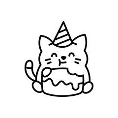 A cartoon cat wearing a party hat eats cake