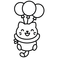A cartoon cat with a smiling face floats upward with three balloons The cat has a ribbon around its neck