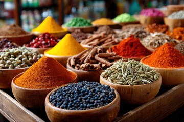 Fototapeta premium Colorful spices and herbs in wooden bowls