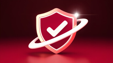 Digital security shield with a glowing checkmark and orbiting ring symbolizing protection and verification in a modern abstract design