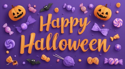 3D Rendered Halloween Decor with Pumpkins, Candies, Bats, and Festive Typography