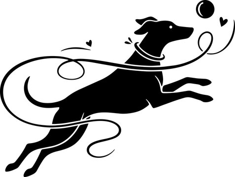  Silueta de un perro: un perro jugando con una pelota, vista de perfil, rom&aacute;ntico, elegante, blanco y negro, dise&ntilde;o minimalista, ilustraci&oacute;n vectorial. 