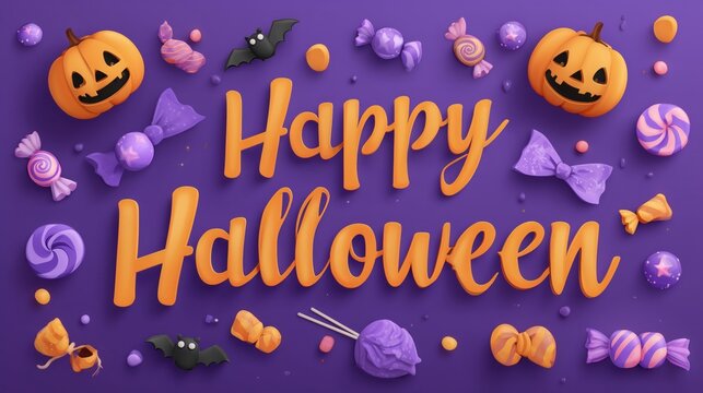 3D Rendered Halloween Decor with Pumpkins, Candies, Bats, and Festive Typography