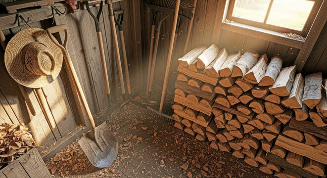 Shovel leaning against wall next to stacked firewood in rustic shed