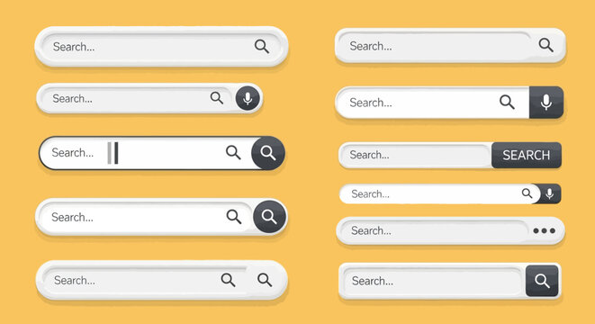 Collection of modern search bar designs for digital interfaces, showcasing sleek and minimalist UI elements for web and app development