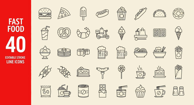 A comprehensive collection of 40 sleek, minimalist line icons representing popular fast food items, delicious desserts, and refreshing beverages, perfect for modern digital design projects
