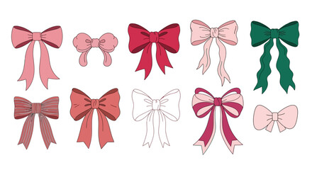 Vector collection of elegant ribbon bows in various styles and colors for decoration, celebration, and fashion design elements
