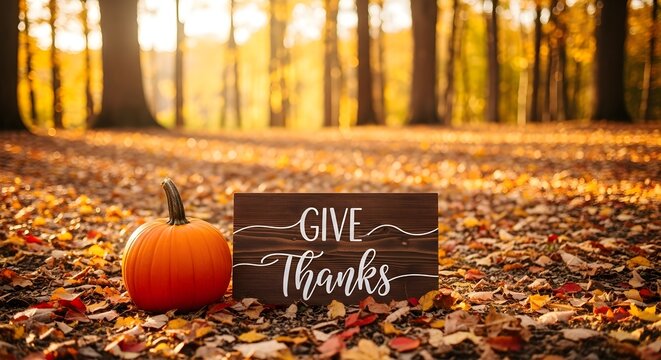 A festive wooden sign with 'Give Thanks' inscription and a small pumpkin sitting on a bed of golden autumn leaves in a sunlit forest