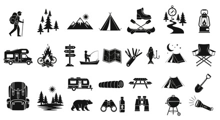 Sleek Vector Silhouettes for Outdoor Adventures A Comprehensive Icon Collection for Camping, Hiking, and Wilderness Exploration Themes