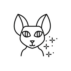 A stylized drawing of a cat with large ears  angled eyes accompanied by  shaped sparkles