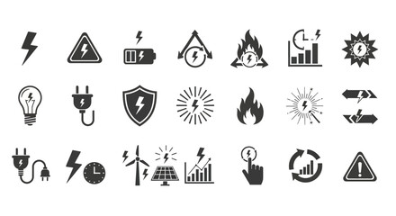 Collection of electricity and energy icons, including lightning bolts, power plugs, lightbulbs, solar panels, and warning signs for a modern design