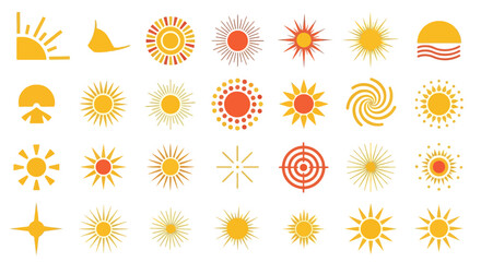 A comprehensive collection of diverse sun icons and symbols, featuring various sleek and modern vector designs suitable for web, print, and graphic projects, perfect for adding 