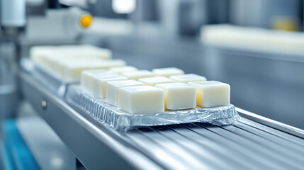 Soap Factory, Automated packaging machine sealing soap bars in a high-fidelity image, showcasing advanced industrial technology and efficiency in production.