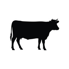 Black silhouette of a standing cow on a white background