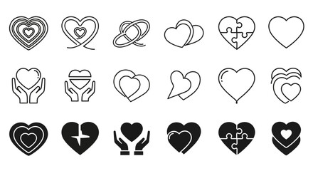 A versatile collection of sleek heart icons in both line and solid styles. This set features various symbols for love, care, romance, and connection