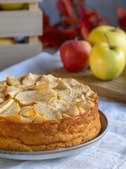 Homemade apple cake with fresh apples and wooden box on rustic table