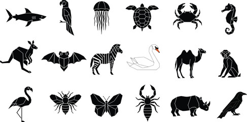 Fototapeta premium Diverse Wildlife Silhouettes Collection Vector Illustration .