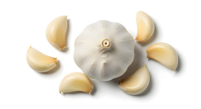 Garlic bulb and cloves, isolated on white background, top view