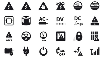Collection of Electrical and Safety Symbols in Black and White