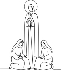 Virgin Mary with halo and praying women, minimalist religious devotion illustration, spiritual worship artwork, cad drawing flat vector design