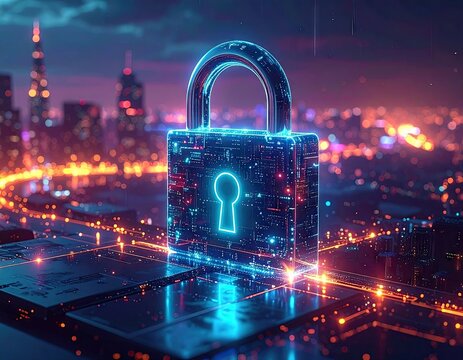 Cybersecurity Padlock with Cityscape Background in Neon Blue Orange Cyberpunk Glow