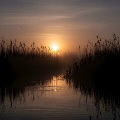 Misty Wetlands Reeds at Sunri: 