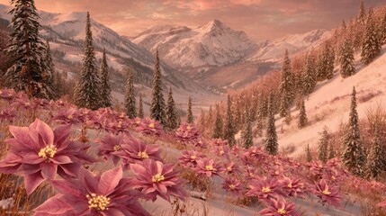 Stunning Winter Landscape with Pink Flowers and Snowy Mountains