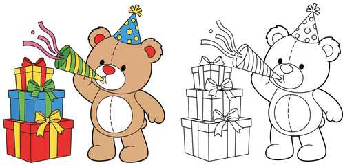 Adorable Teddy Bear Birthday Celebration with Gifts and Party Horn