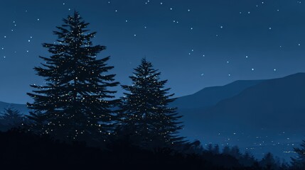 Naklejka premium Tranquil Night Sky Over Distant Mountains with Starry Forest Silhouette