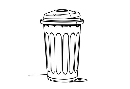 Black and white line art drawing of a street trash can, simple design,  recycle,  outdoor