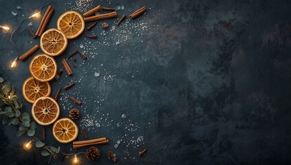Dried orange slices and cinnamon sticks on dark background christmas decoration