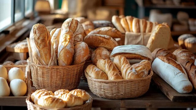 Freshly baked bread assortment in wicker baskets on rustic wooden table with warm morning sunlight, artisanal bakery concept with natural texture and cozy atmosphere