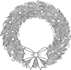 Christmas, Wreath, Holiday, Decoration, Festive, Pine, Branches, Bow, Ribbon, Ornament, Berries, Seasonal, Celebration, Winter, Vector, Illustration, Drawing, Coloring, Black, White