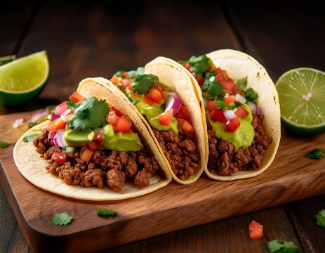 delicious tacos with ground beef vegetables guacamole and lime wedges resting on a wooden cutting board
