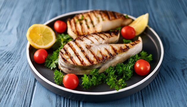 grilled swordfish steaks served on bed of parsley with lemon wedges and cherry tomatoes