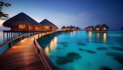 wooden pier with warm lamps curving over calm blue water toward overwater huts at dusk tropical island generative ai