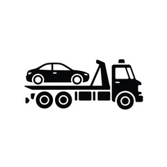 Black silhouette of a tow truck carrying a car on its flatbed