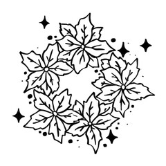 Hand-drawn poinsettia wreath in black and white line art with decorative stars and dots
