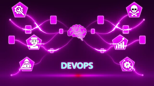 Dev Ops concept with brain and connected icons on a dark pink background DevOps development