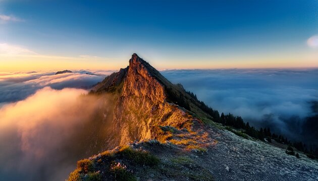 a mountain peak rises above a blanket of fog during early morning hours creating a tranquil and picturesque view of nature s beauty generative ai