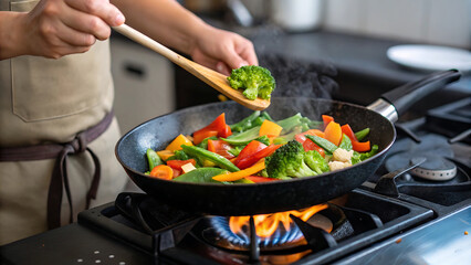 Person cooking fresh vegetables in a frying pan on a gas stove