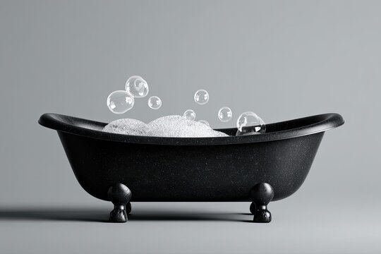 Black vintage bathtub filled with suds and bubbles