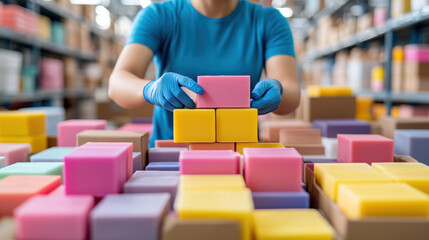 Soap Factory, A worker wearing gloves is transferring soap bars, showcasing hygiene and industry in a high-fidelity image suitable for stock use.