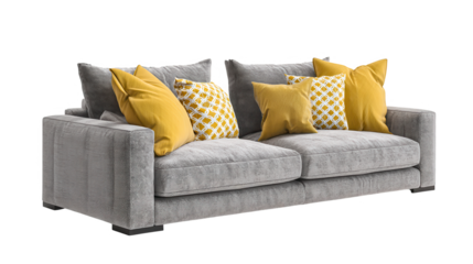 Gray sofa with yellow pillows isolated on transparent background
