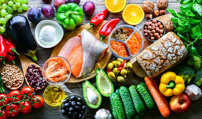 Food products representing the Mediterranean diet